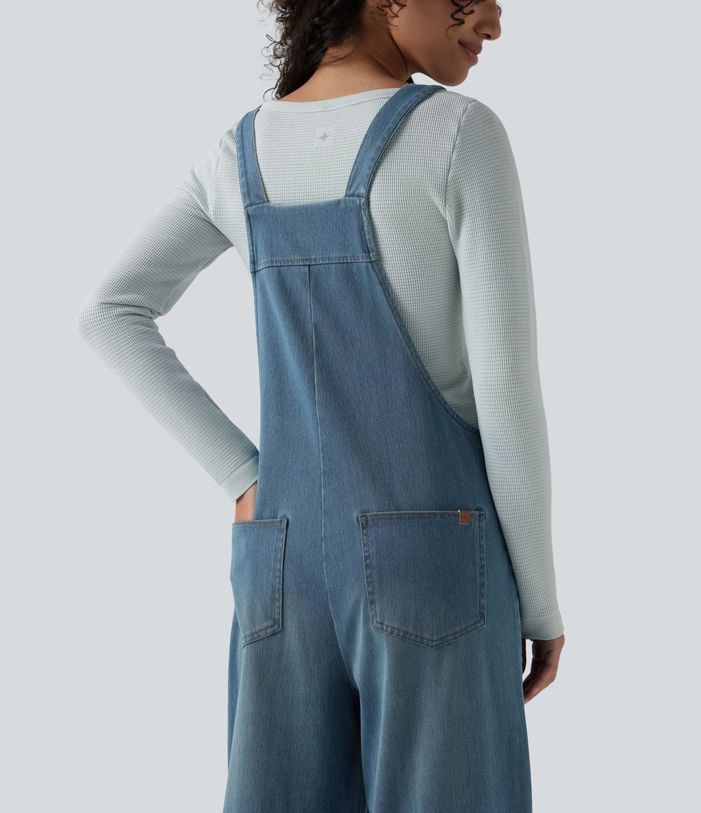 Salopette denim Halara Flex™ col carré effet délavé avec poches