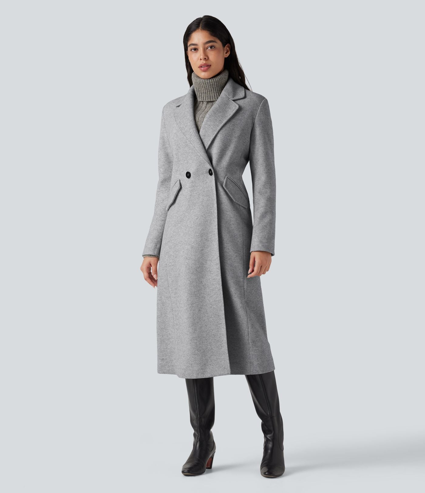Manteau long polaire col cranté manches longues avec poches