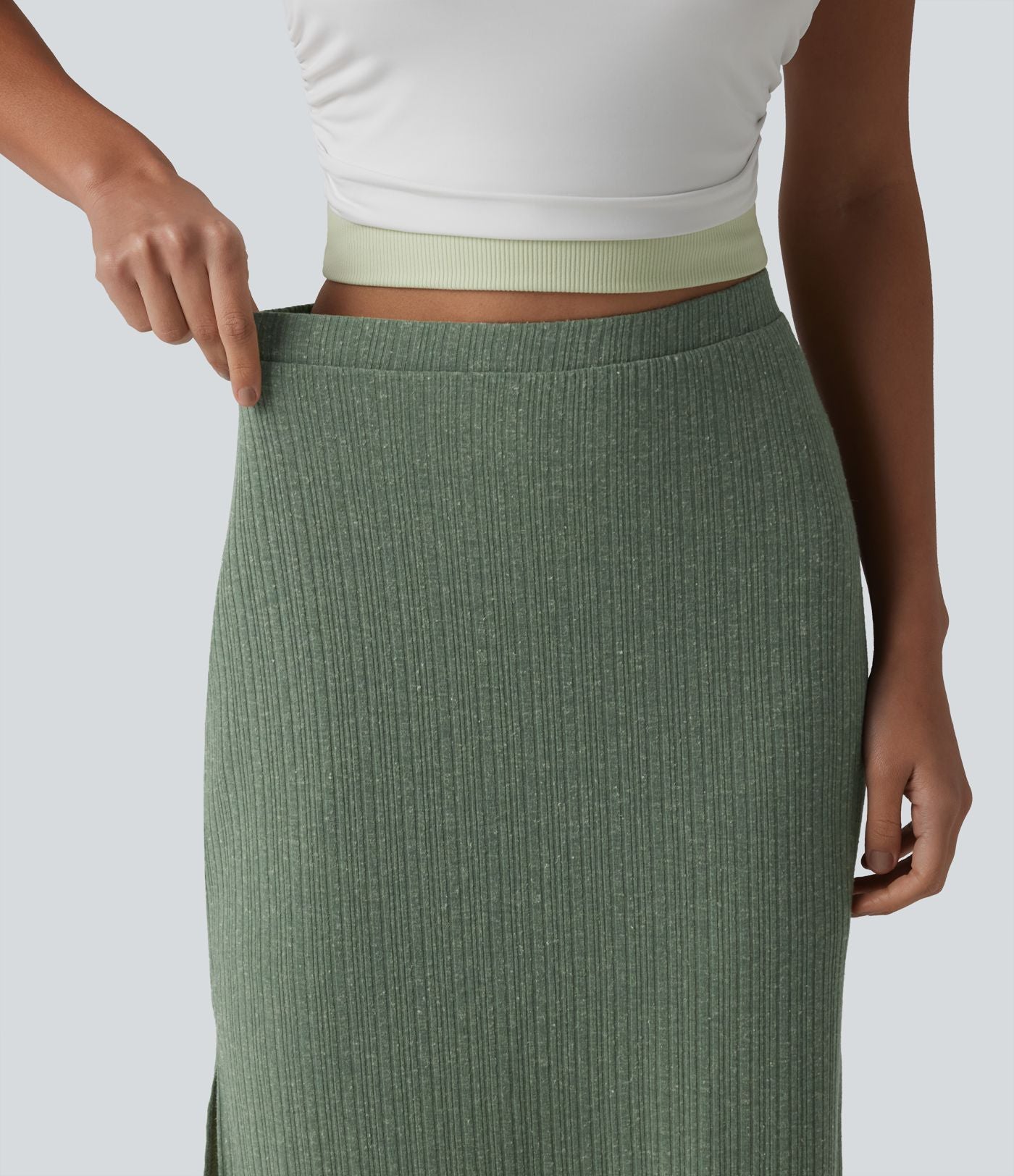 Jupe midi moulante côtelée taille haute aspect lin décontractée