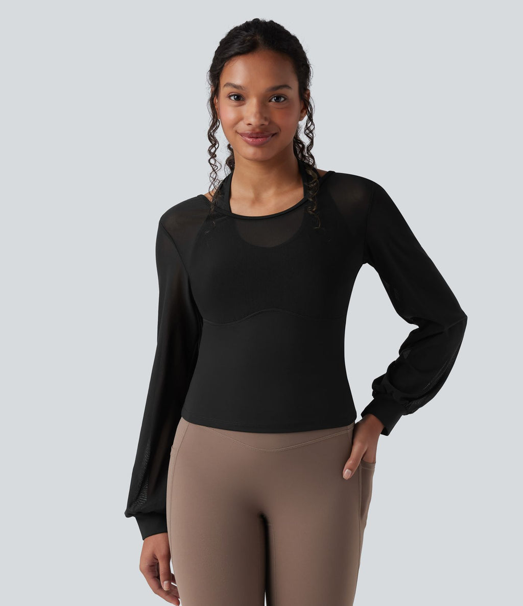 Haut de sport de yoga SoftlyZero™ aérien dos nu dos-nu manches longues bishop mesh contrastant - UPF50+