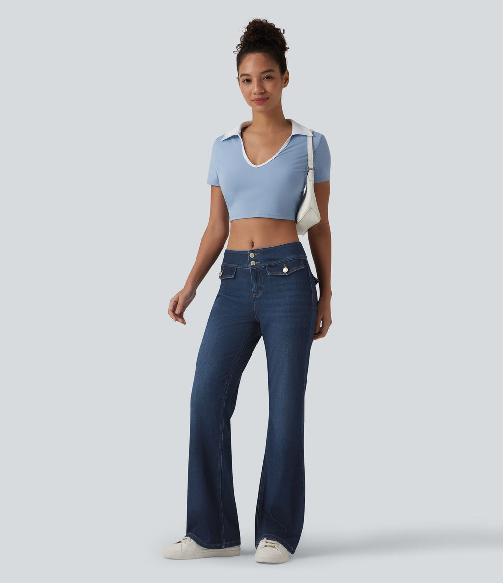 Halara Flex™ Jean évasé casual taille basse en lyocell drapé effet délavé, avec poches