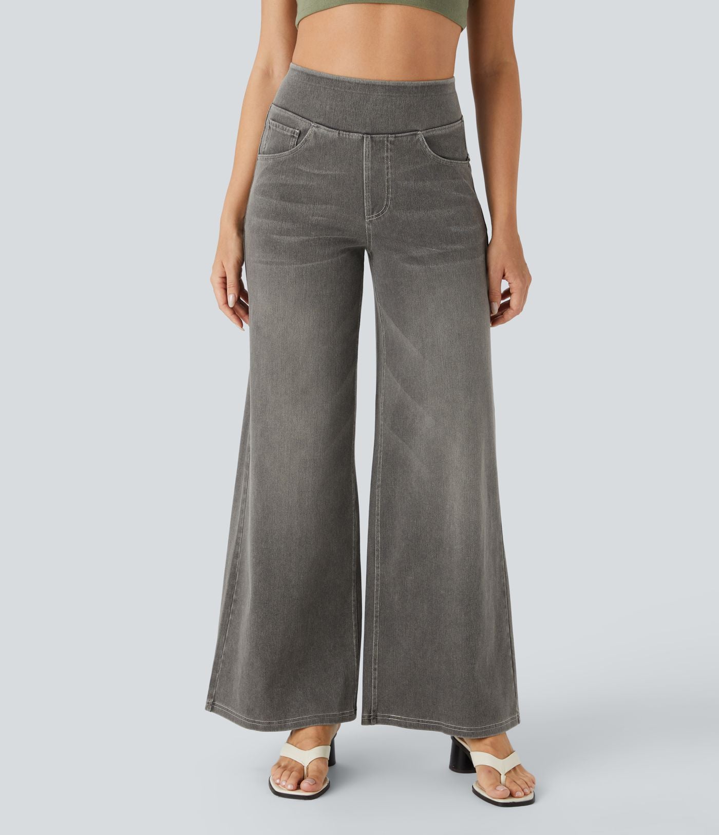Halara Flex™ Jean Large Casual Taille Haute Poches Multiples Tricot Extensible Délavé