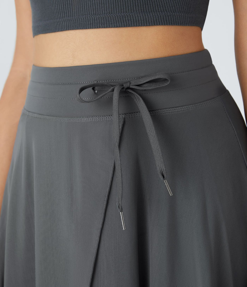 Jupe Casual Évasée Mesh Mi-Longue Fuide 2 en 1 Contrastée Taille Haute Cordon Poche Latérale