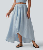 Jupe mi-longue décontractée fluide asymétrique taille haute à carreaux aspect lin avec poches