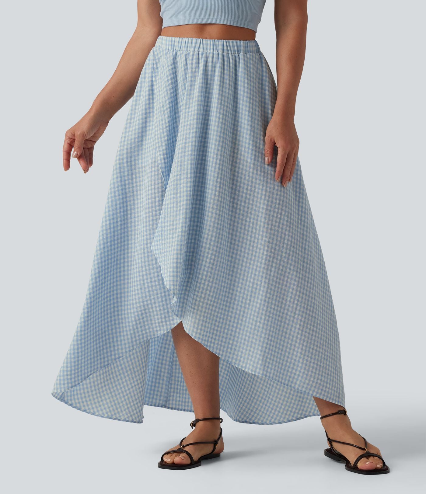 Jupe mi-longue décontractée fluide asymétrique taille haute à carreaux aspect lin avec poches