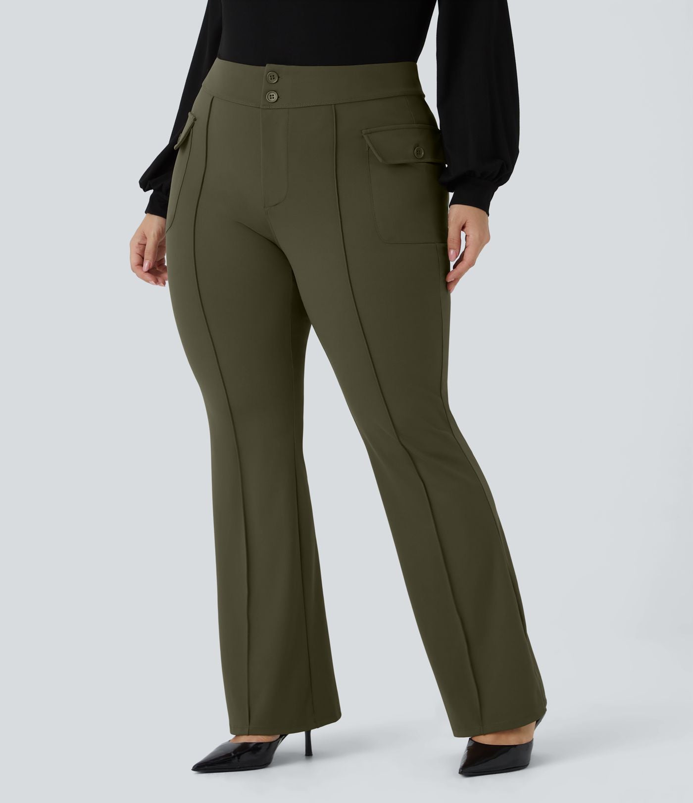 Pantalon cargo évasé taille haute grande taille avec poches à rabat latérales