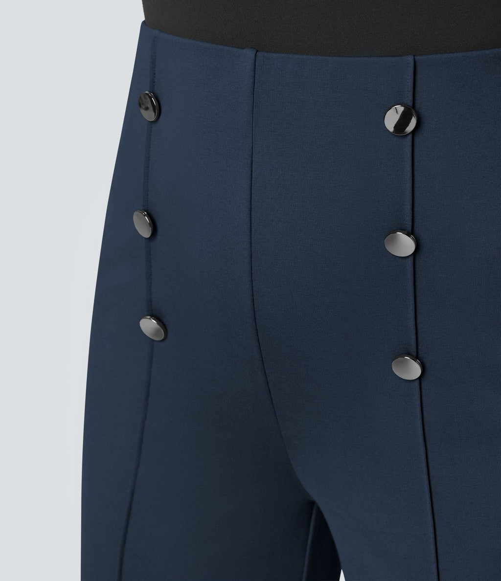 Pantalon Tailleur Large Taille Haute avec Bouton et Poches