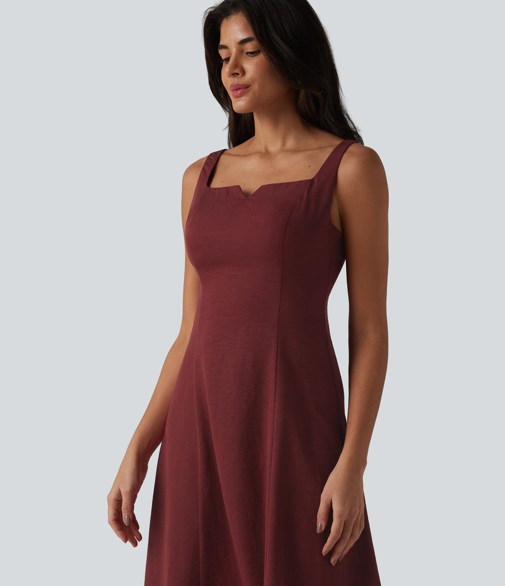 Robe mi-longue fluide froncée à col carré et encolure échancrée pour demoiselle d'honneur et invitée de mariage