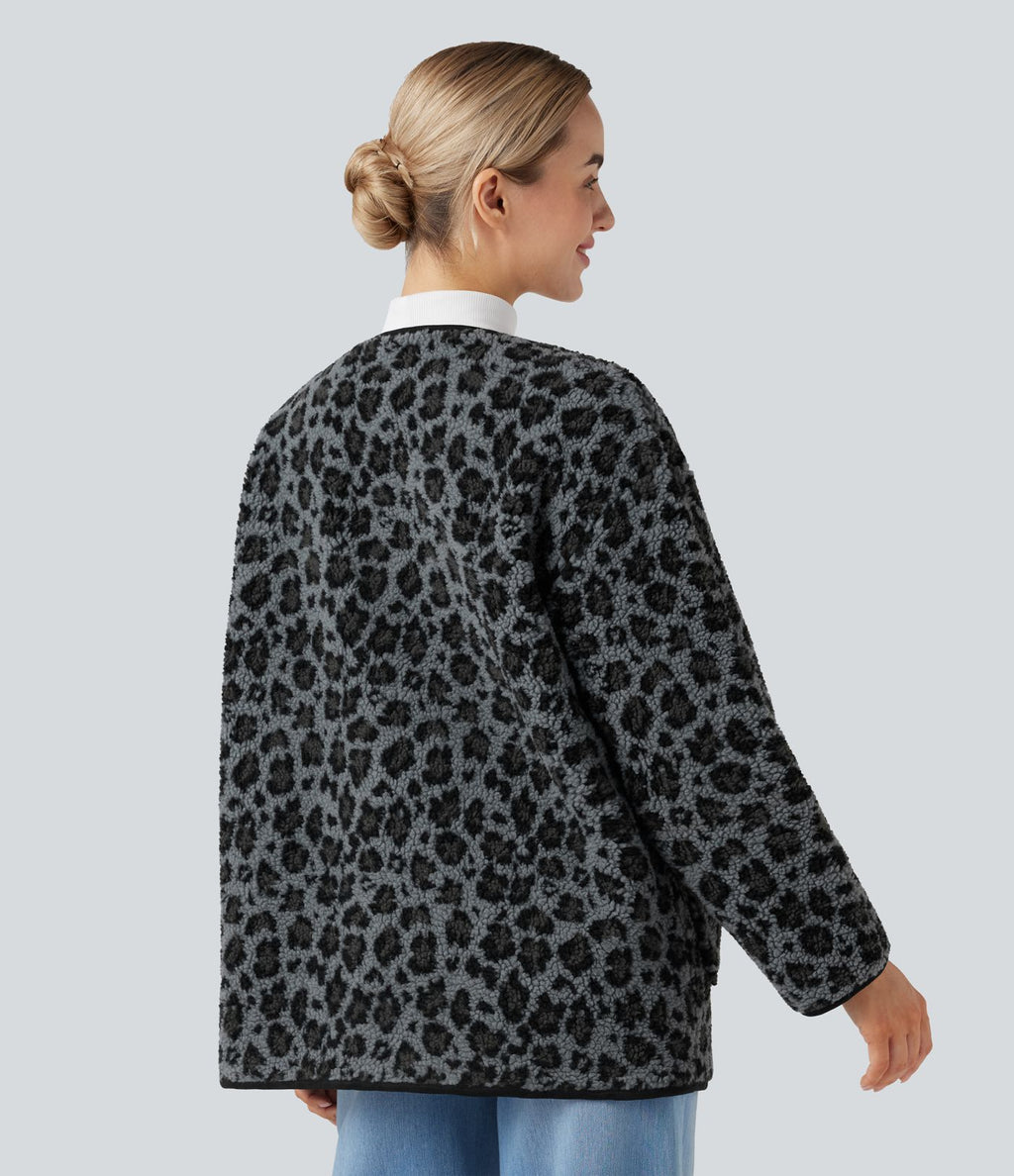 Veste décontractée en sherpa imprimé léopard avec poches