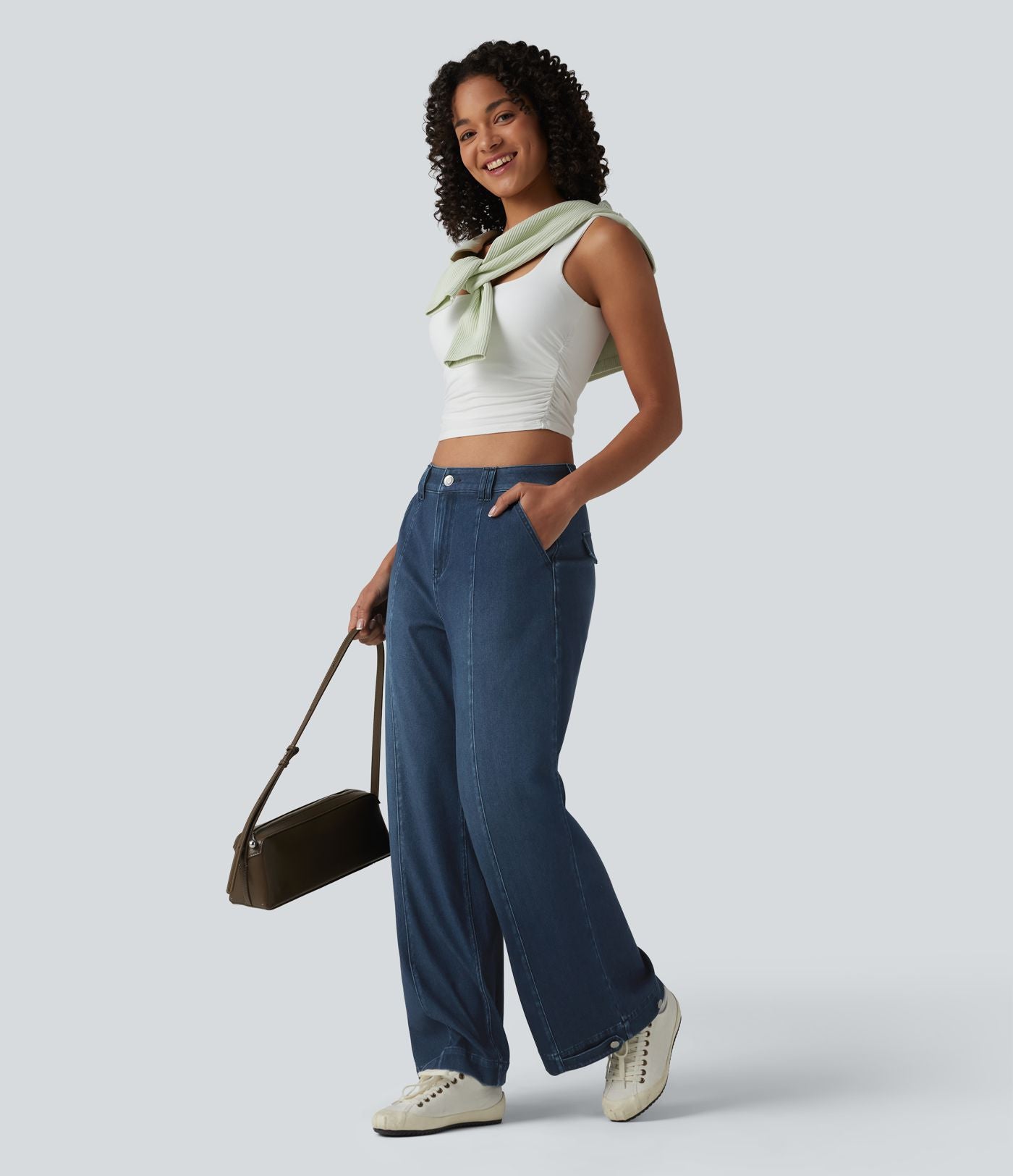 Halara Flex™ Jean large casual baggy taille mi-haute en lyocell drapé effet délavé, ourlet ajustable et poches