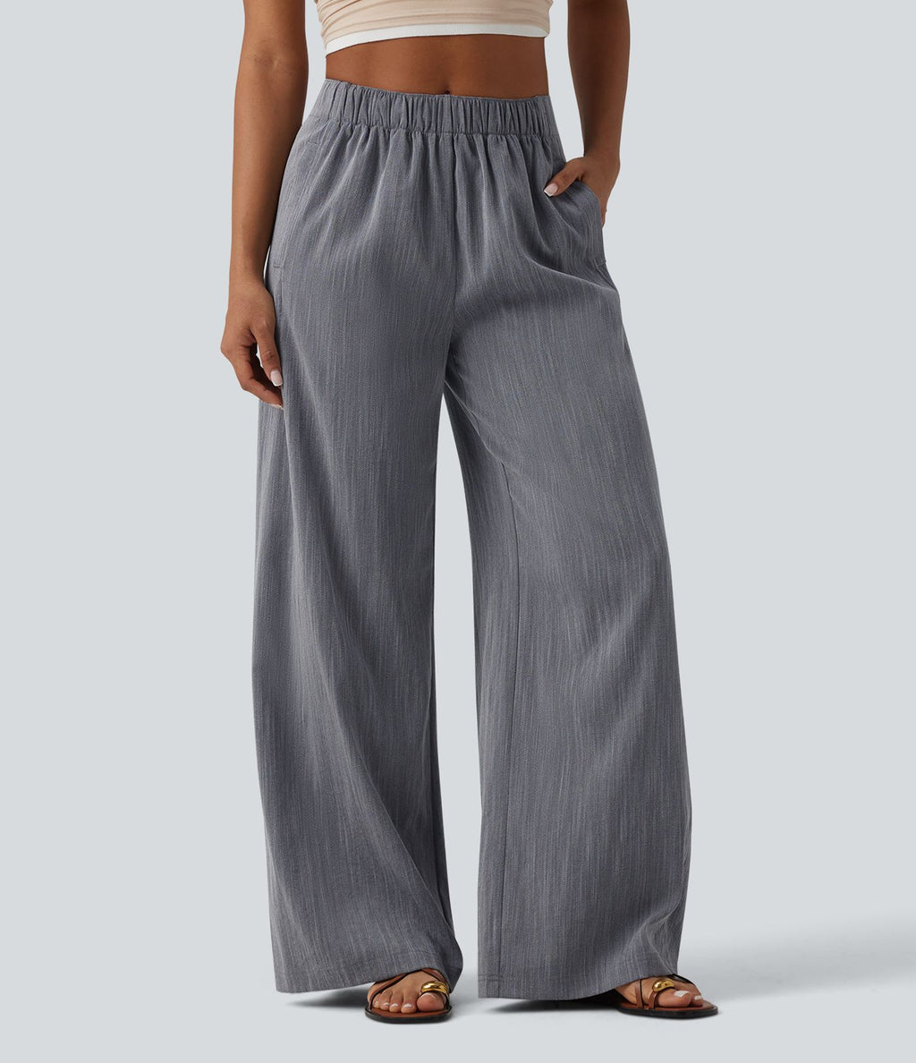 Pantalon casual ample aspect lin taille mi-haute avec poches