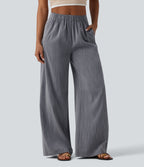 Pantalon casual ample aspect lin taille mi-haute avec poches