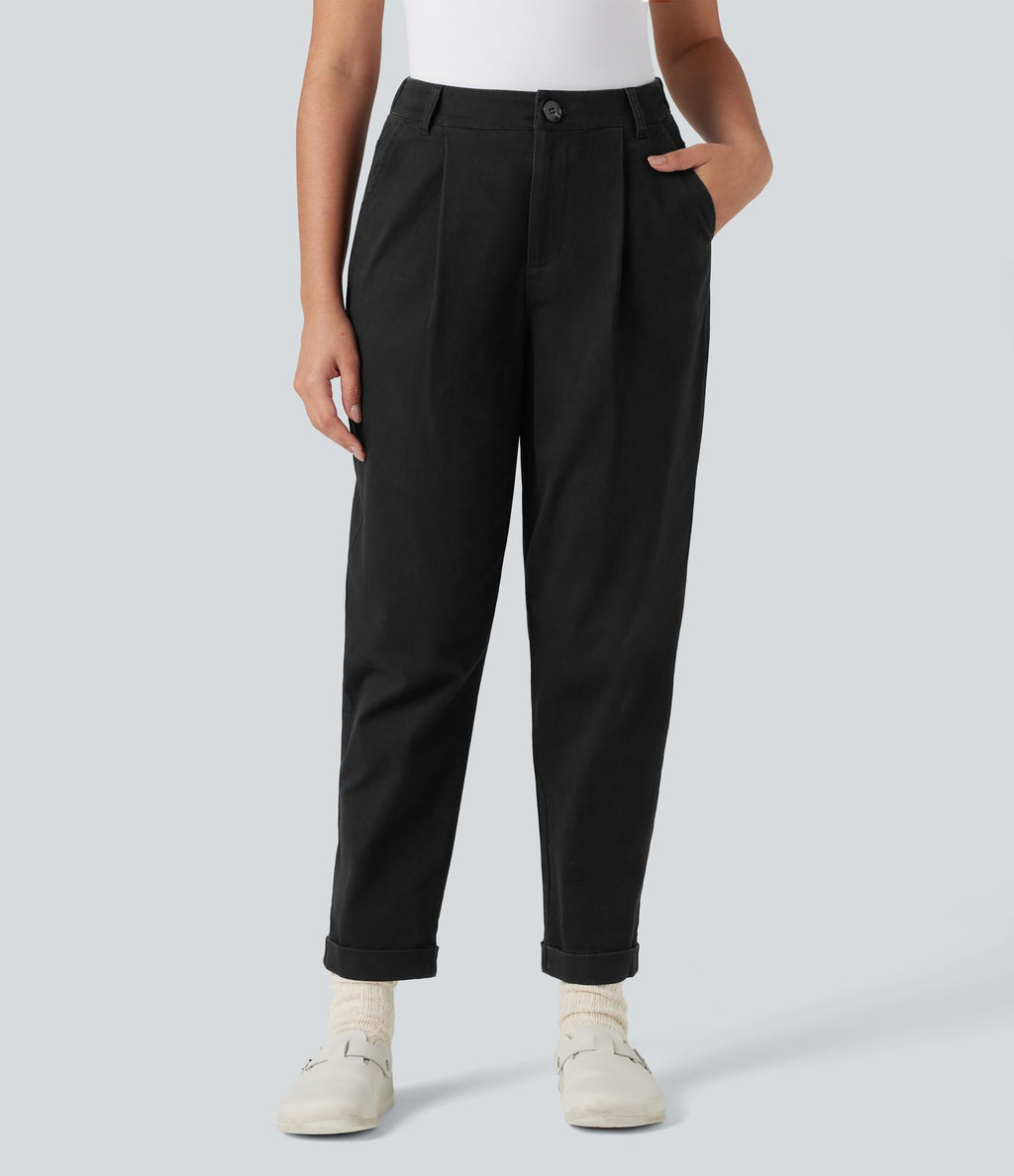Pantalon chino coton fuselé taille haute avec poches