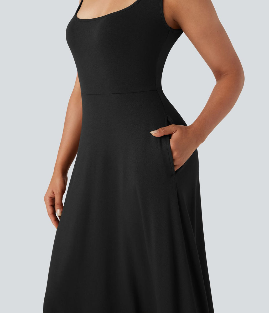 Robe mi-longue fluide col U sans manches avec poches