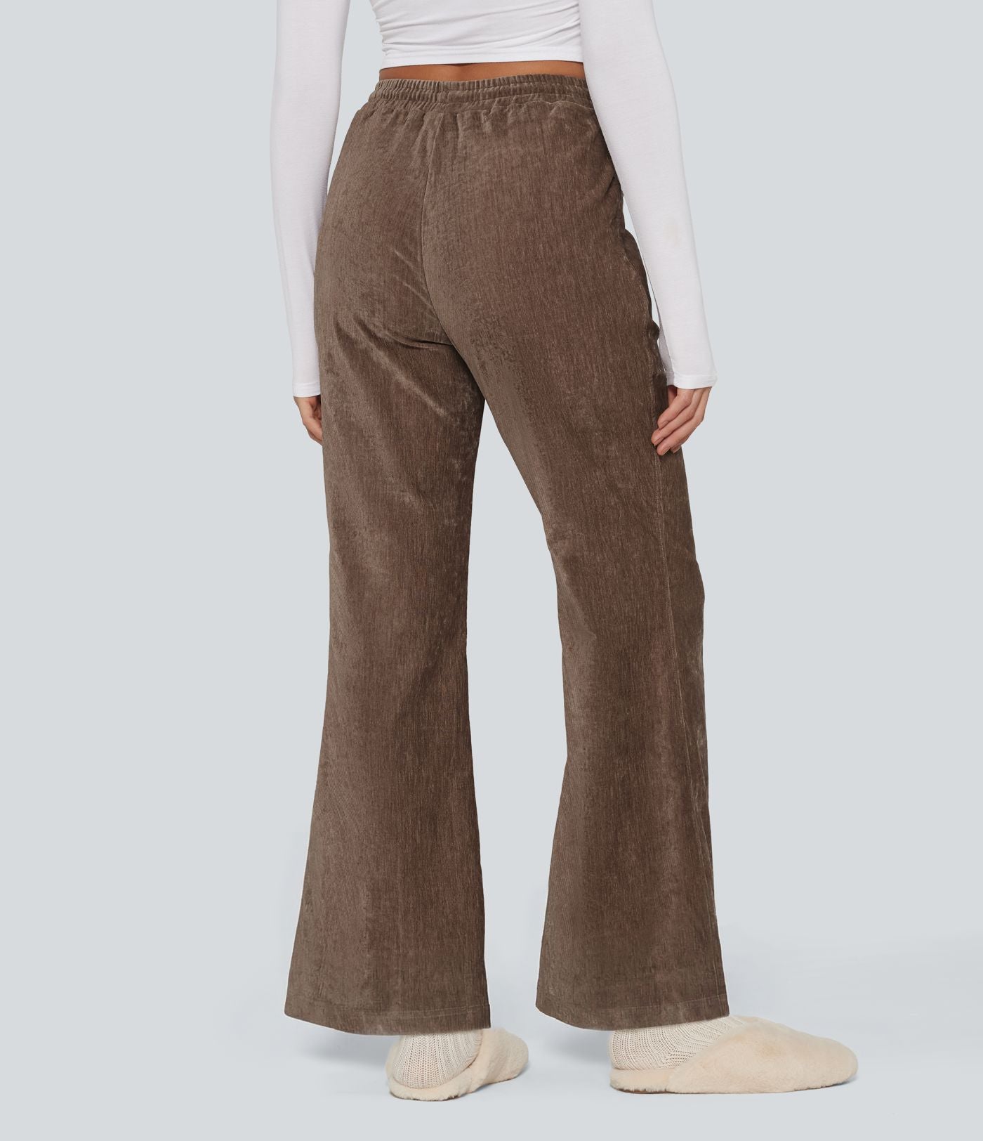 Pantalon de détente évasé en velours taille haute avec cordon de serrage et poches