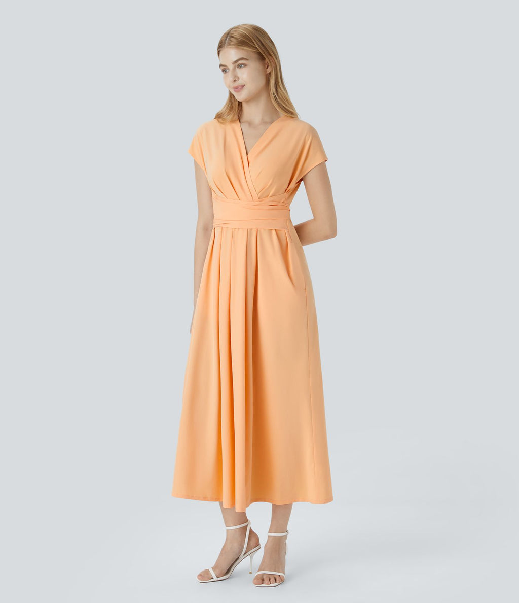 Breezeful™ Robe Mi-Longue Col en V Manches Courtes Poche Latérale Nouée au Dos Séchage Rapide
