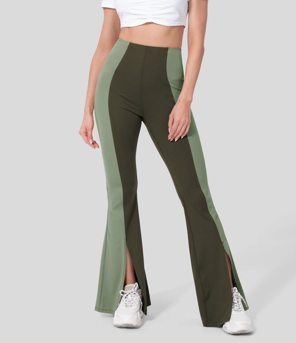 Pantalon Casual Évasés Taille Haute Contrôle du Ventre Ourlet Fendu et Color Block