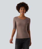 T-shirt casual col rond échancré manches trois-quarts en maille côtelée