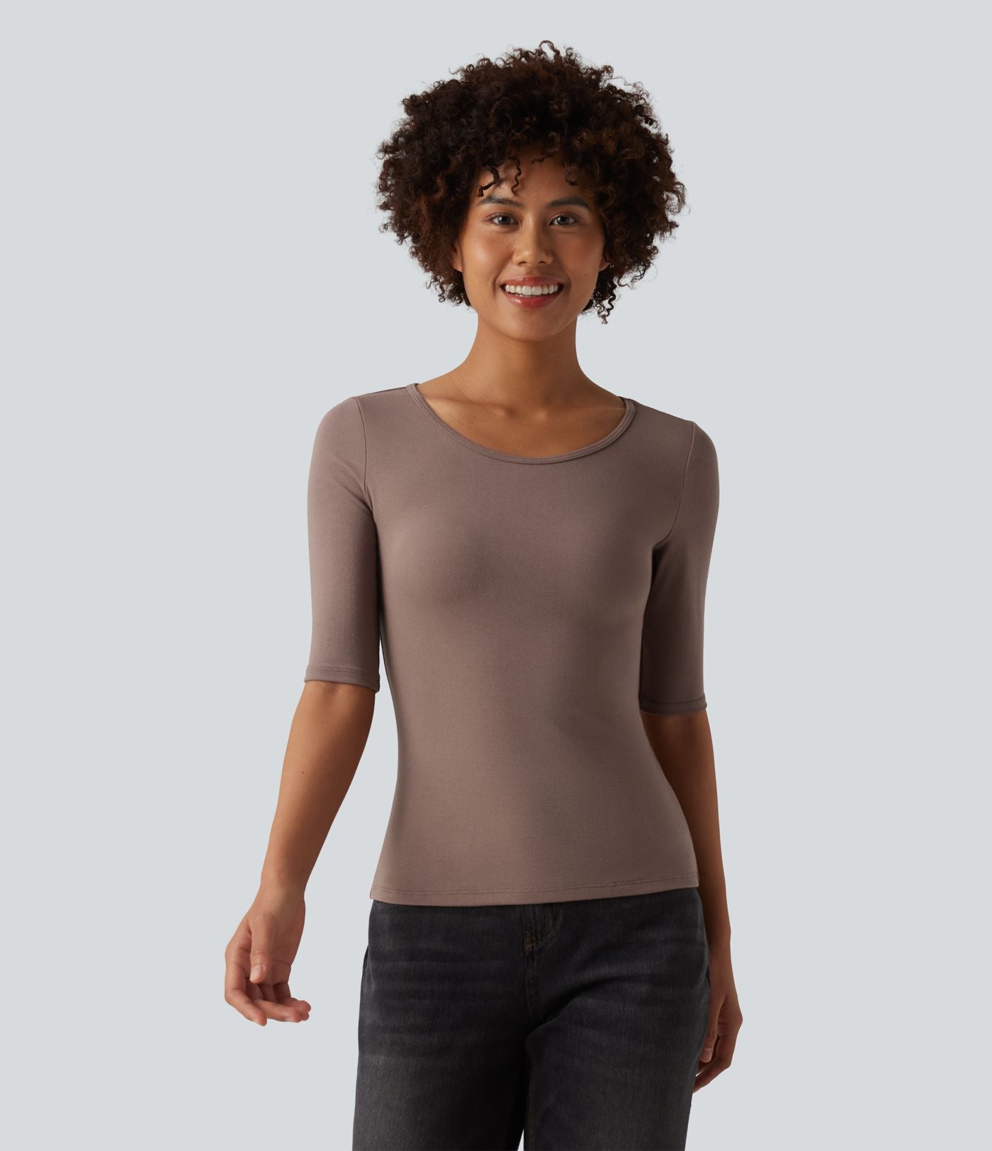 T-shirt casual col rond échancré manches trois-quarts en maille côtelée
