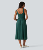 Robe midi fluide sans manches dos croisé, avec brassière intégrée (Bonnets E-G) et poches