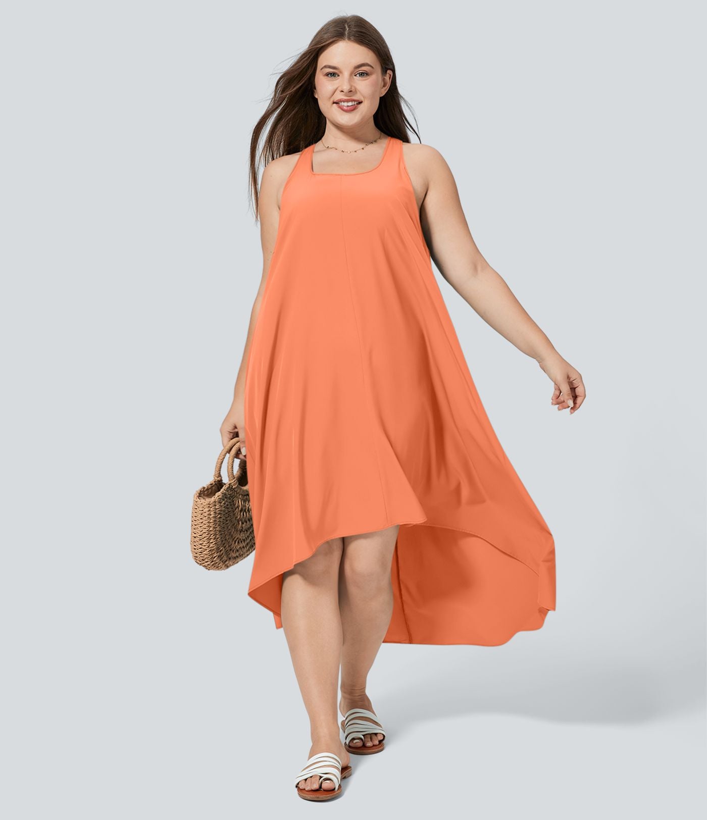 Breezeful™ Dos Nu Racerback Poche Latérale Haut Bas Fluide Midi Séchage Rapide Décontracté Robe Grande Taille
