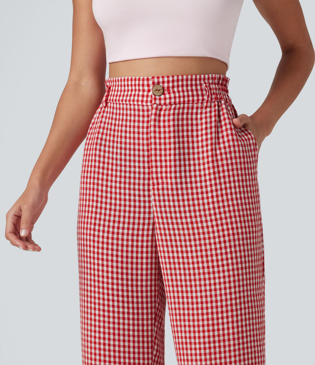 Pantalon 7/8 décontracté aspect lin à carreaux taille haute avec poches