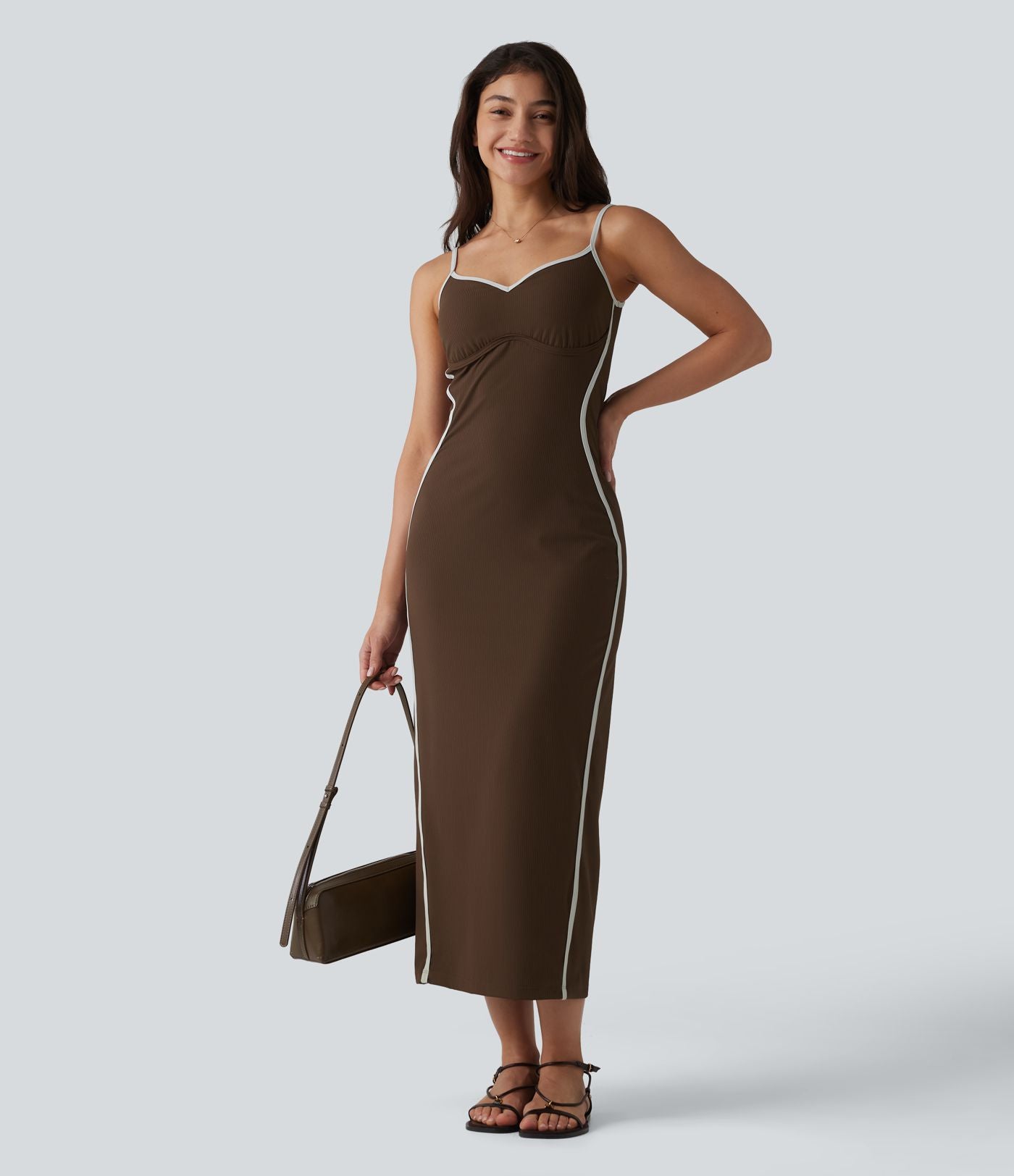 Robe nuisette casual midi côtelée color block à décolleté cœur avec coussinets intégrés non amovibles