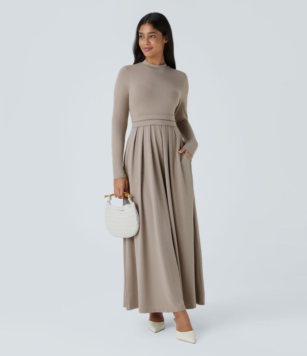 Robe longue décontractée à col montant, manches longues, plissée, avec poches latérales et coupe évasée