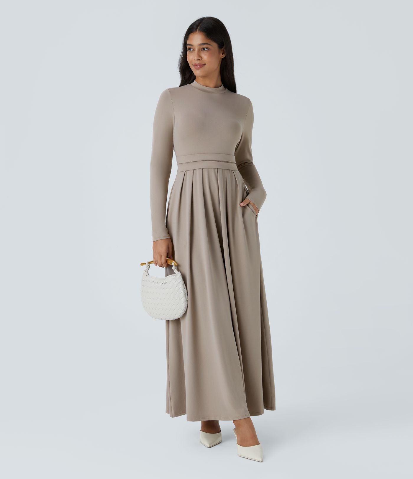 Robe longue décontractée à col montant, manches longues, plissée, avec poches latérales et coupe évasée