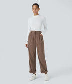 Pantalon décontracté en velours côtelé, taille haute, avec poche zippée
