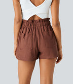 Short Casual en Mélange de Lin à Taille Mi-Haute avec Taille Sac Papier Cordon de Serrage Multiples Poches et Ourlet Courbé
