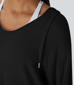 Sweatshirt Casual à Capuche Encolure en V Cordon de Serrage Trou pour le Pouce Fente et Coupe Longue