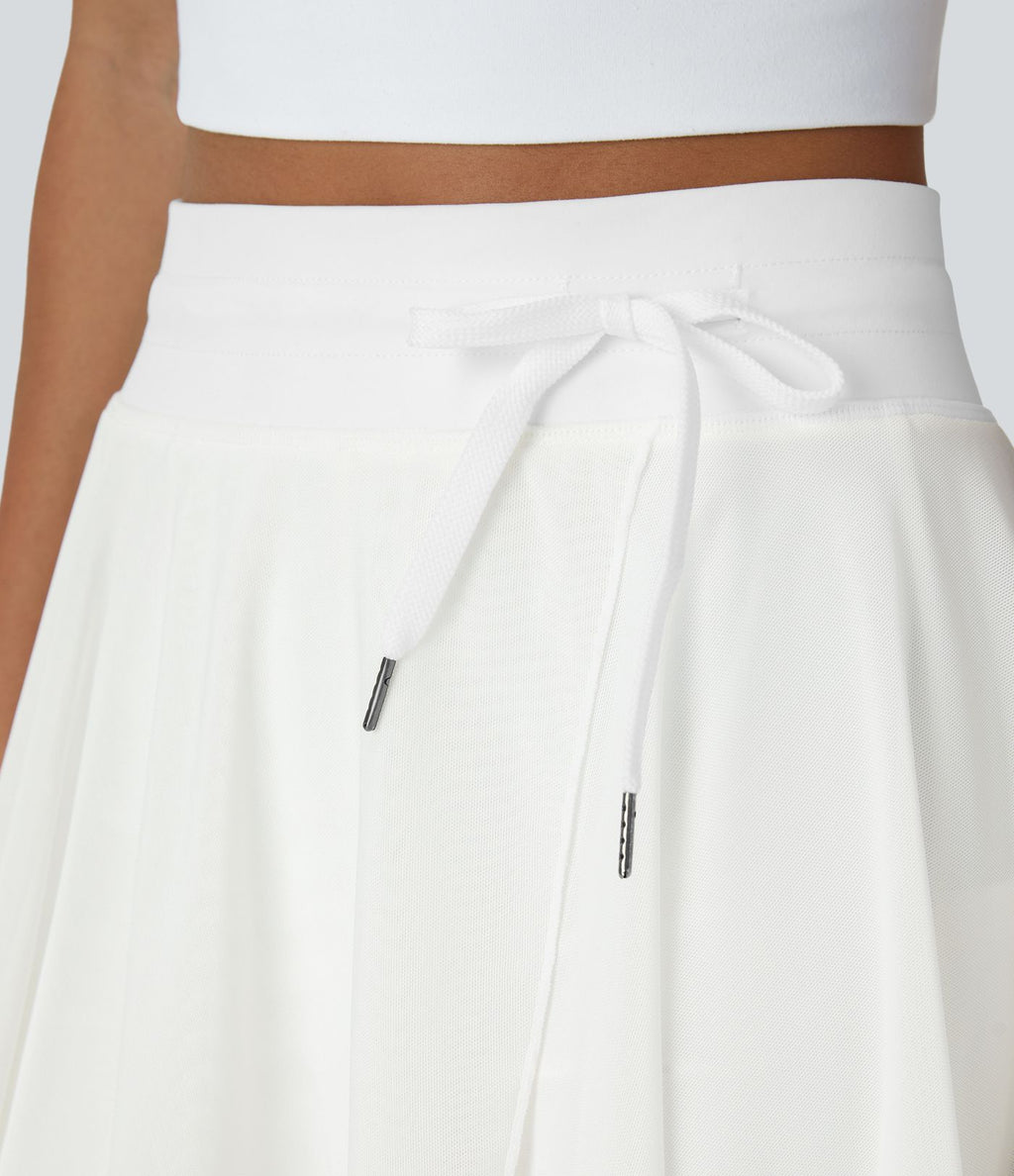 Jupe Casual Évasée Fluide 2 en 1 en Maille Contrastée Taille Haute Cordon de Serrage Poche Latérale