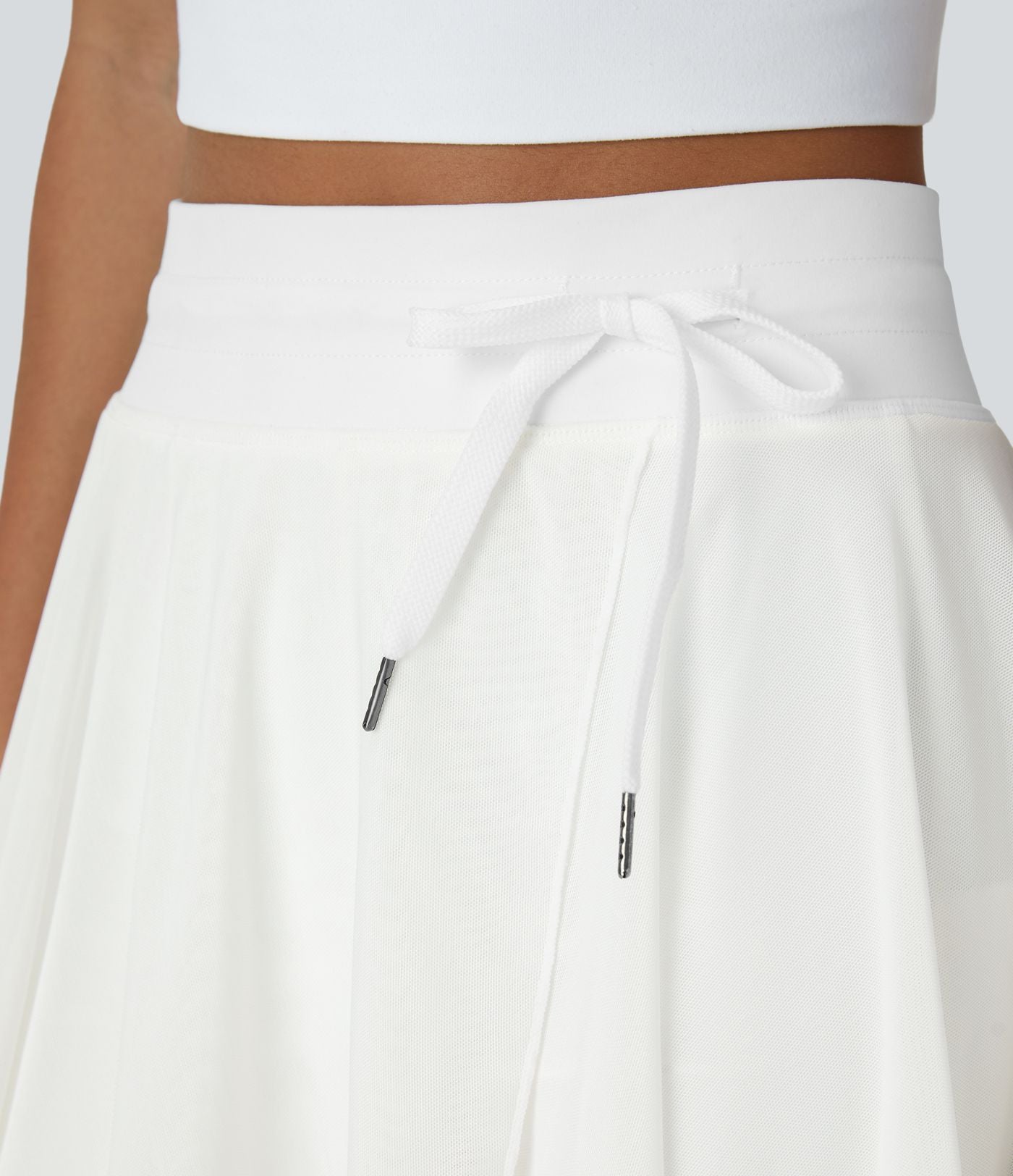 Jupe Casual Évasée Fluide 2 en 1 en Maille Contrastée Taille Haute Cordon de Serrage Poche Latérale