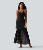 Robe maxi fluide bretelles décolleté cœur à lacer maille contrastante