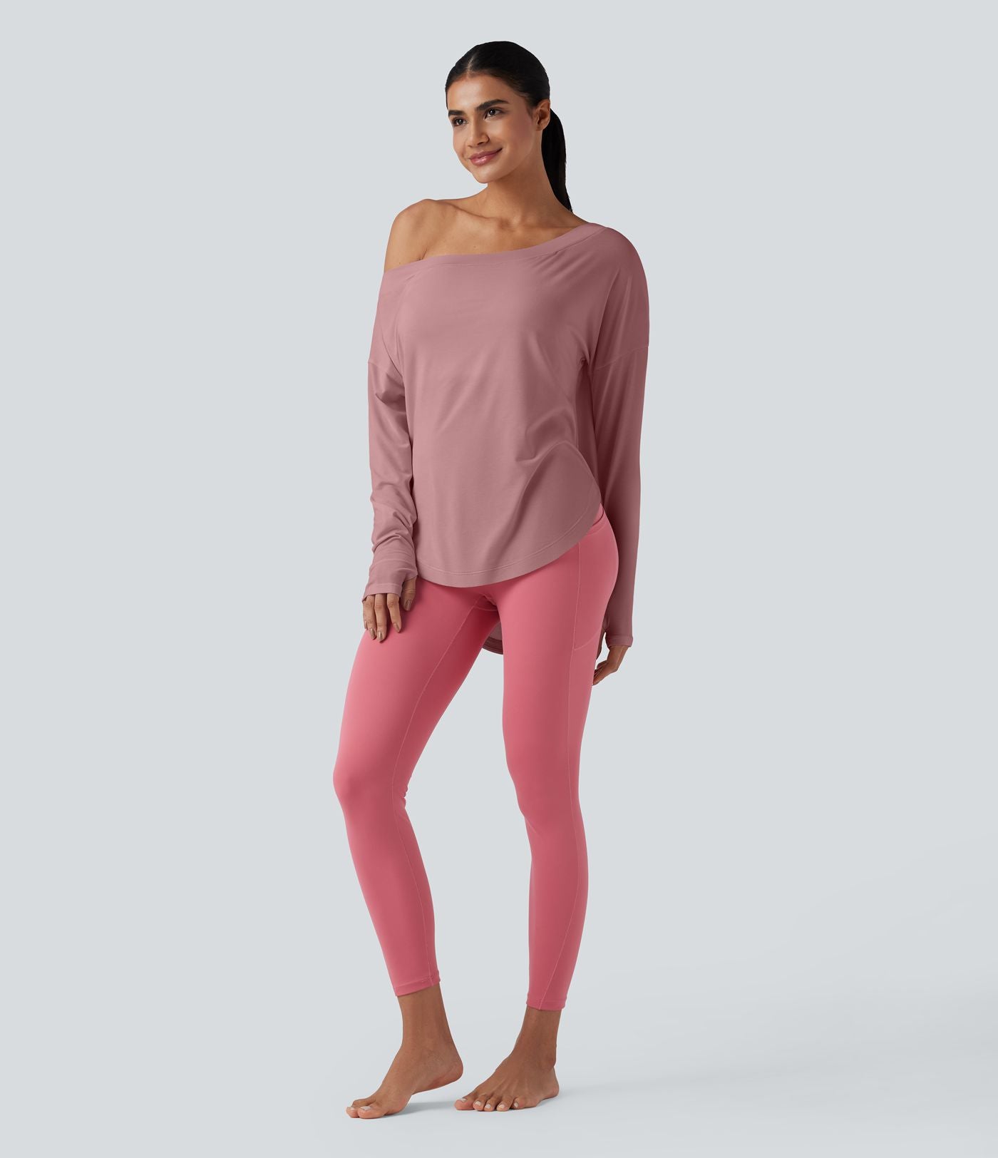 Top de sport yoga une épaule séchage rapide ourlet arrondi asymétrique manches longues avec trous pouces - Brassière intégrée