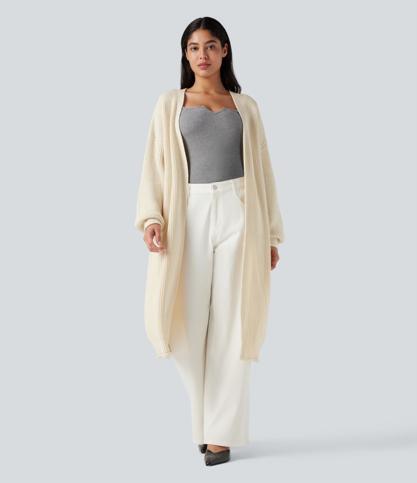 Cardigan de travail tricot ouvert manches longues coupe longue