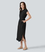 Robe chemise midi décontractée en mélange de lin, col classique, manches cape, ceinturée, ourlet arrondi fendu avec poches