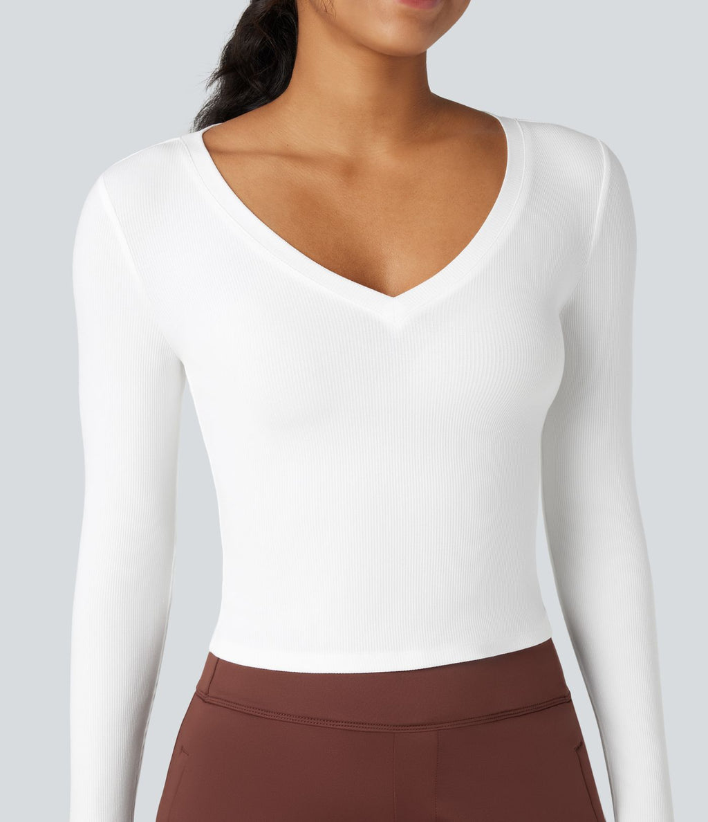T-shirt tailleur côtelé court col V manches longues