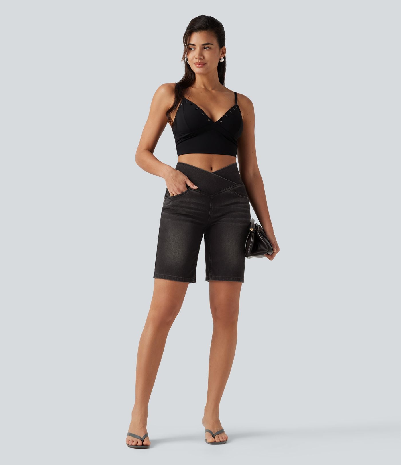Short en jean Halara Flex™ casual gainant taille haute croisée avec poches