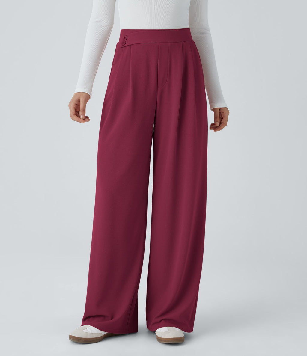 Pantalon taille haute décontracté large en maille gaufrée, avec poches