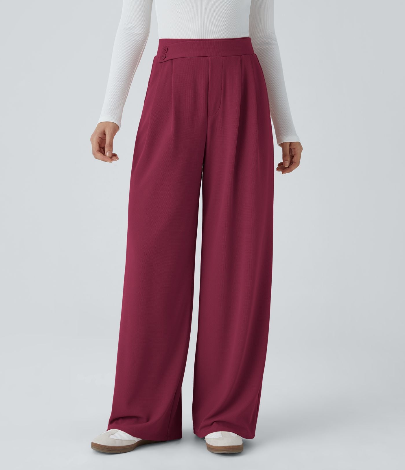 Pantalon taille haute décontracté large en maille gaufrée, avec poches
