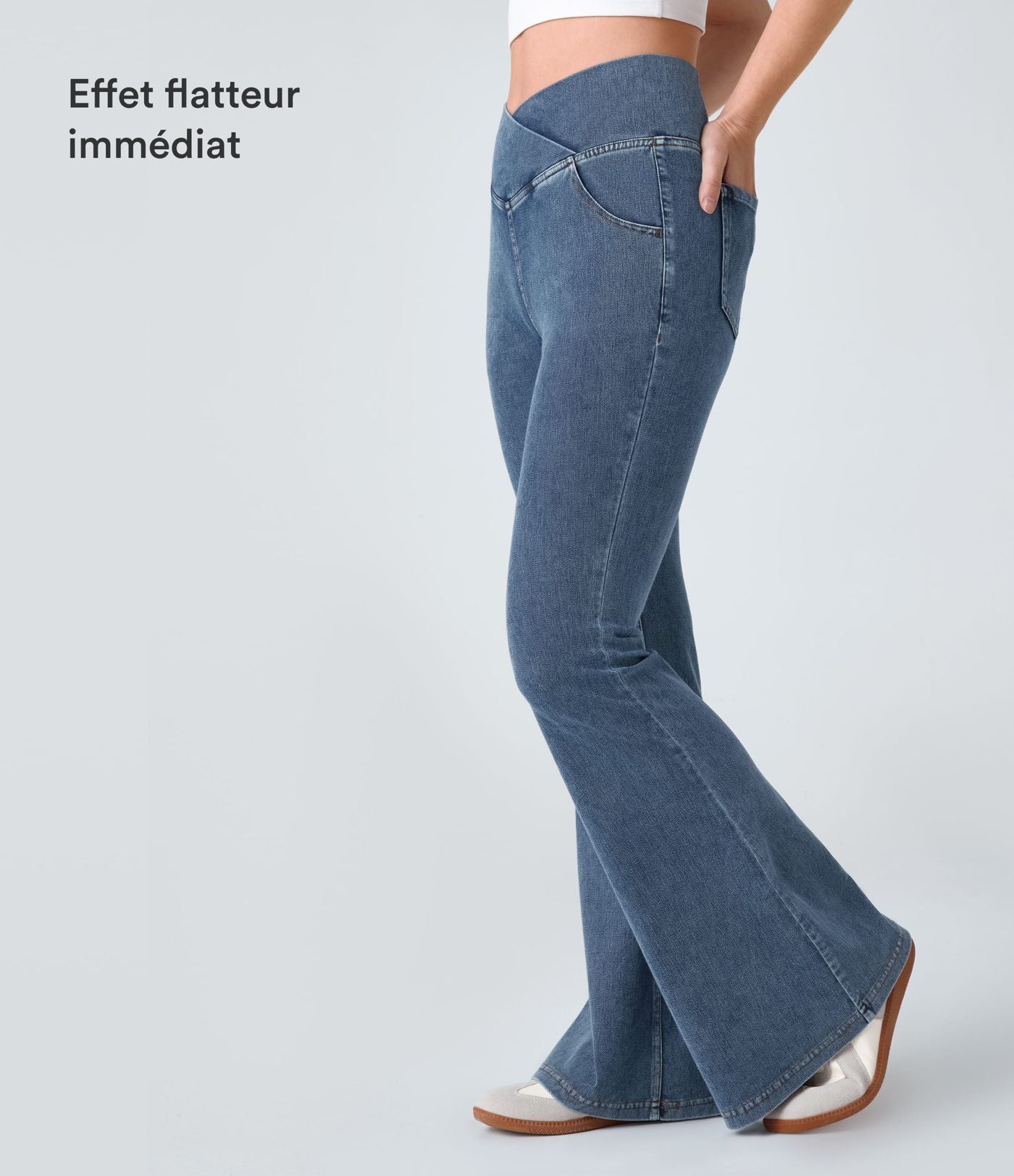 Jean super évasé Halara Flex™ décontracté maille denim extensible délavée effet frais InstantCool taille haute poches croisées