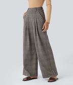 Pantalon taille haute décontracté large à carreaux, avec poches