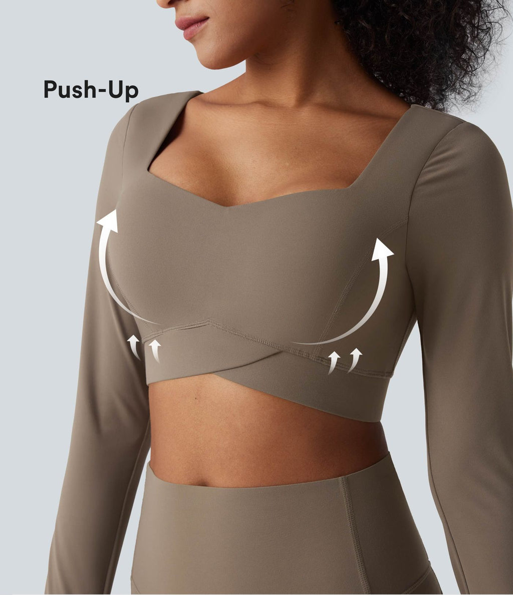 Halara UltraSculpt™ Top court de sport push-up à manches longues avec passants pouces et ourlet croisé