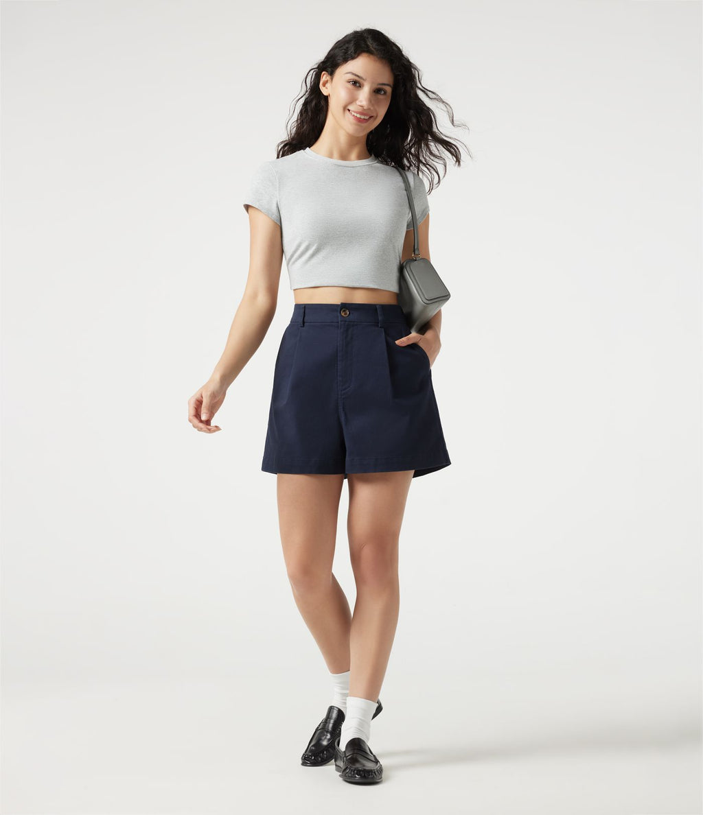 Short tailleur chino en coton taille haute à poches 7,5 cm