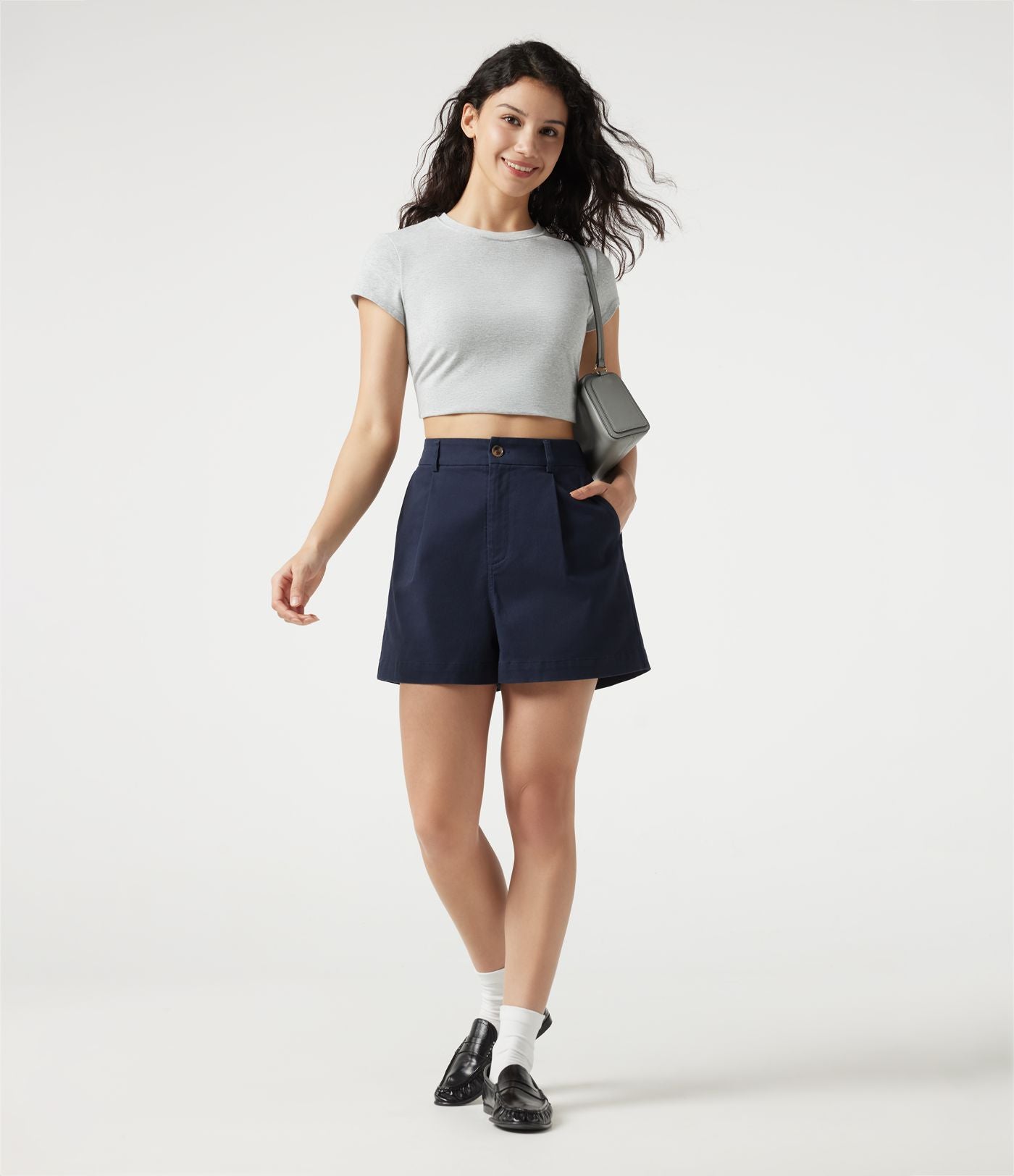 Short tailleur chino en coton taille haute à poches 7,5 cm