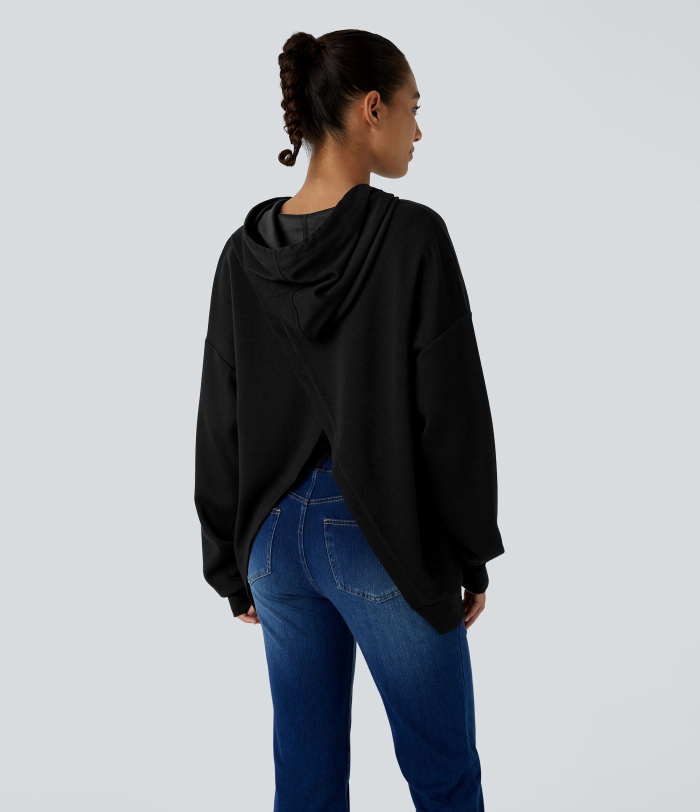 Sweat-shirt décontracté à capuche avec cordon de serrage, manches longues, poche kangourou, coupe croisée et fente