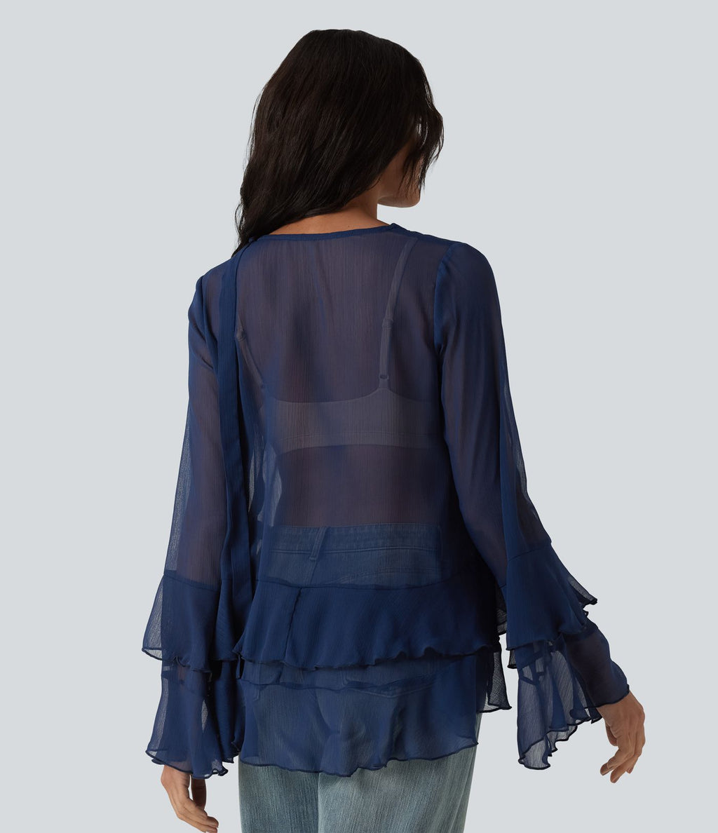 Chemise casual transparente col V manches longues à volants