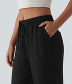 Pantalon droit taille mi-haute aspect lin avec cordon de serrage et poches